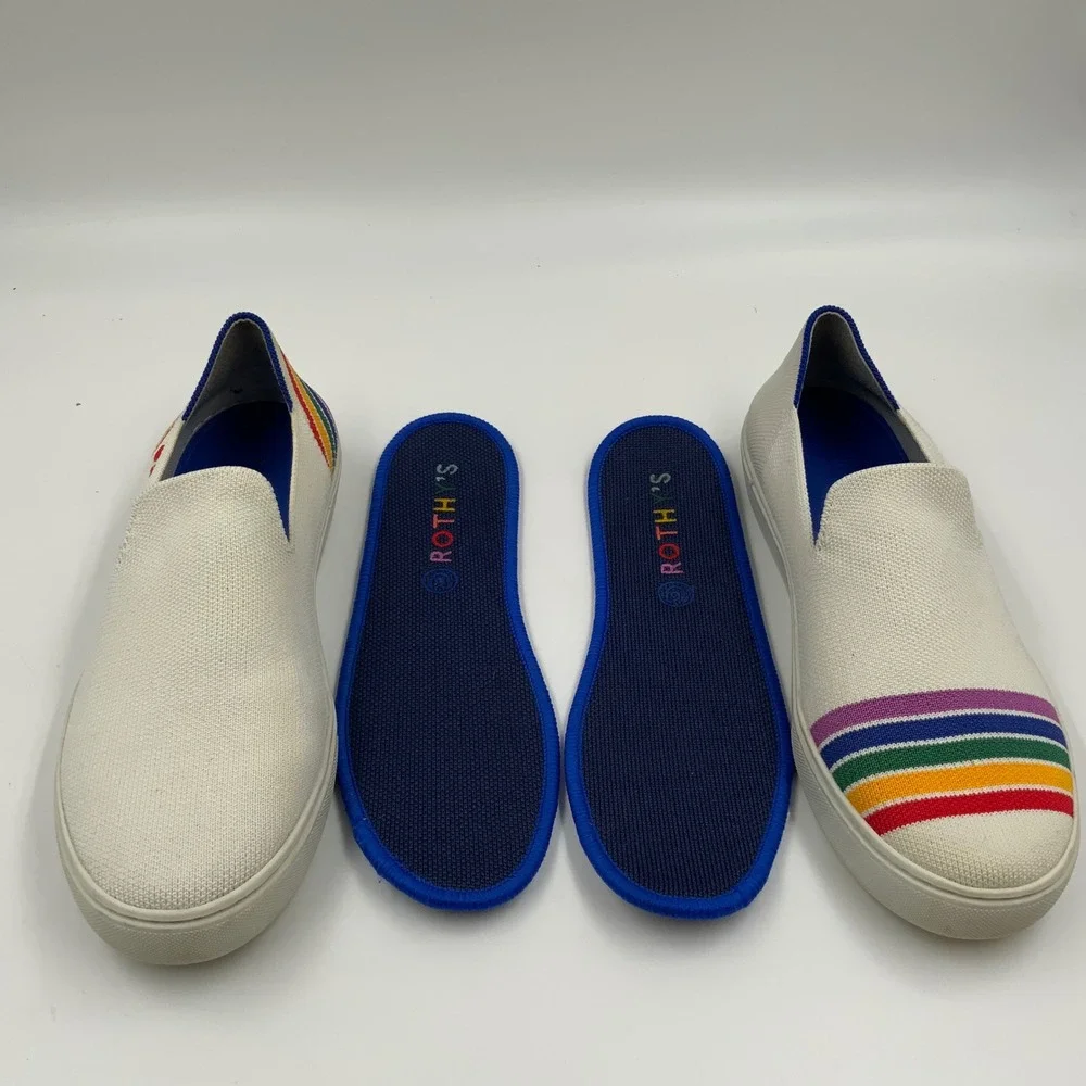 Rothys The Sneaker White Rainbow Stripe Heart SF Slip On Shoes Womens 8